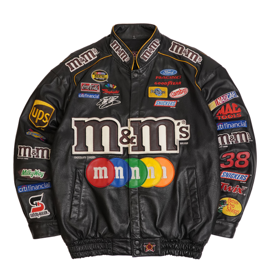 Vintage M&M Leather Jacket Embroided All Over Sponsors - Medium